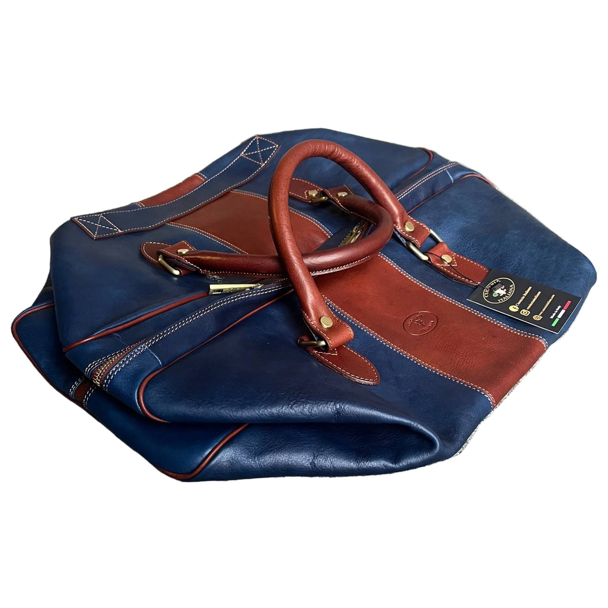 chiuso borsone in pelle blue navy opaco bagaglio a mano artigianale made in italy cuoieria italiana