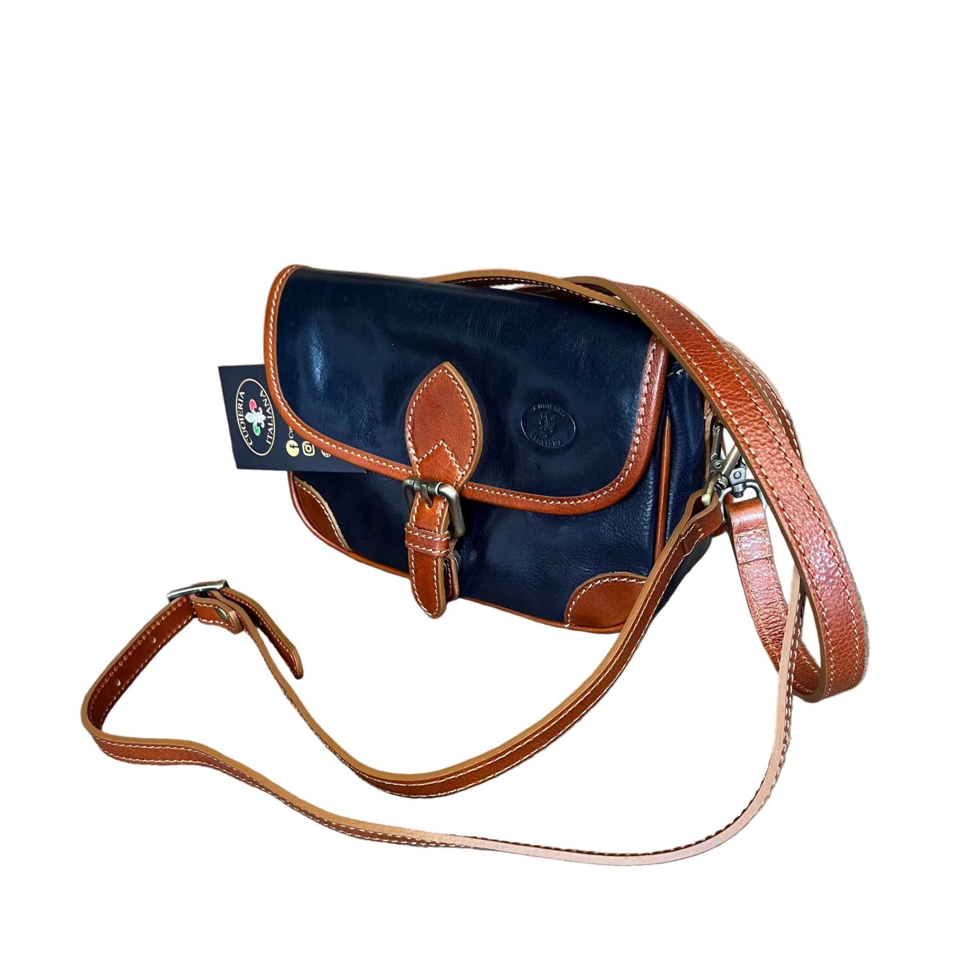 con tracolla ares postino compatta in pelle blue navy e cuoio da donna con maniglia e tracolla made in italy cuoieria italiana