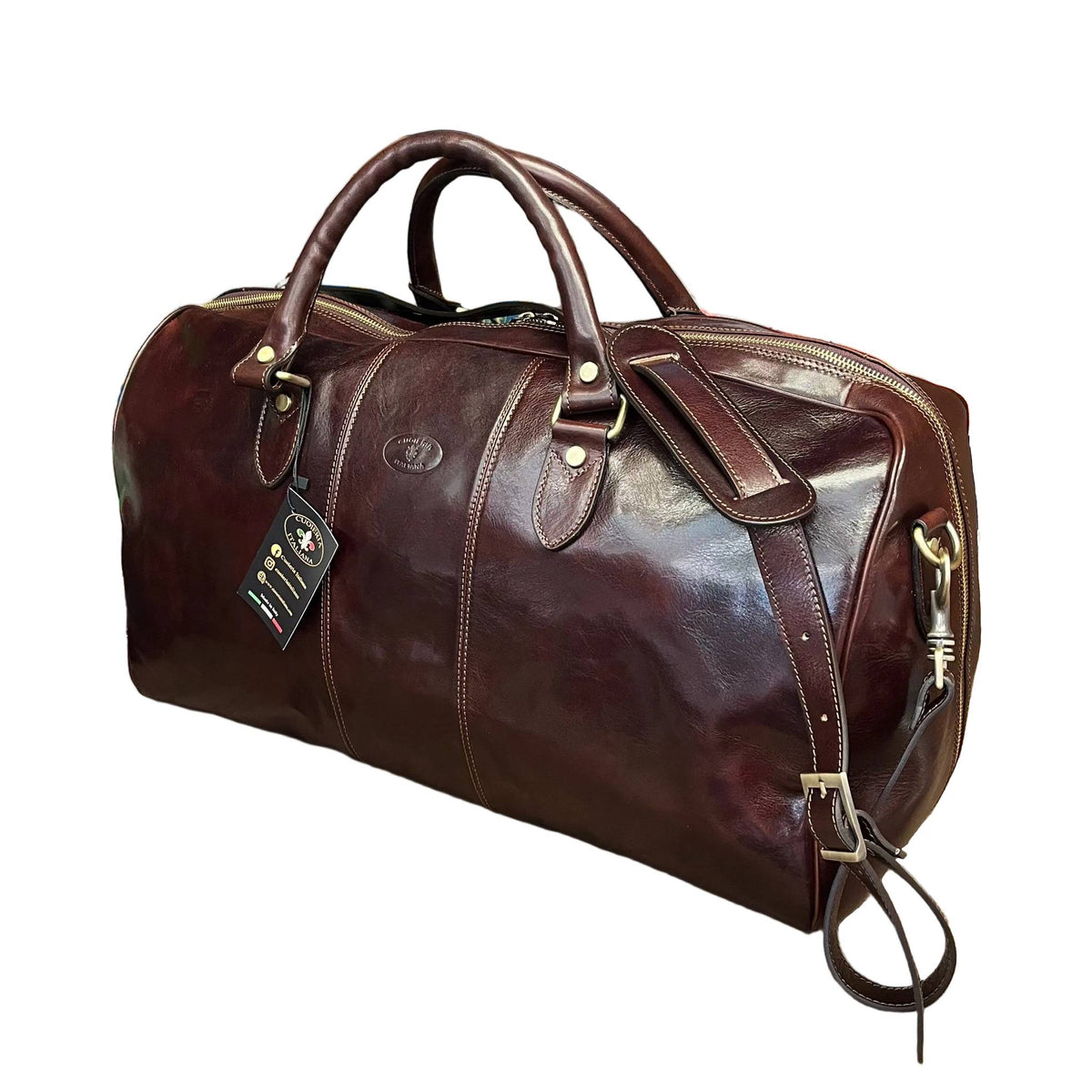 con tracolla borsone in pelle marrone testa di moro bagaglio a mano in cuoio fatto a mano made in italy cuoieria italiana ®