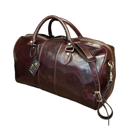 con tracolla borsone in pelle marrone testa di moro bagaglio a mano in cuoio fatto a mano made in italy cuoieria italiana ®
