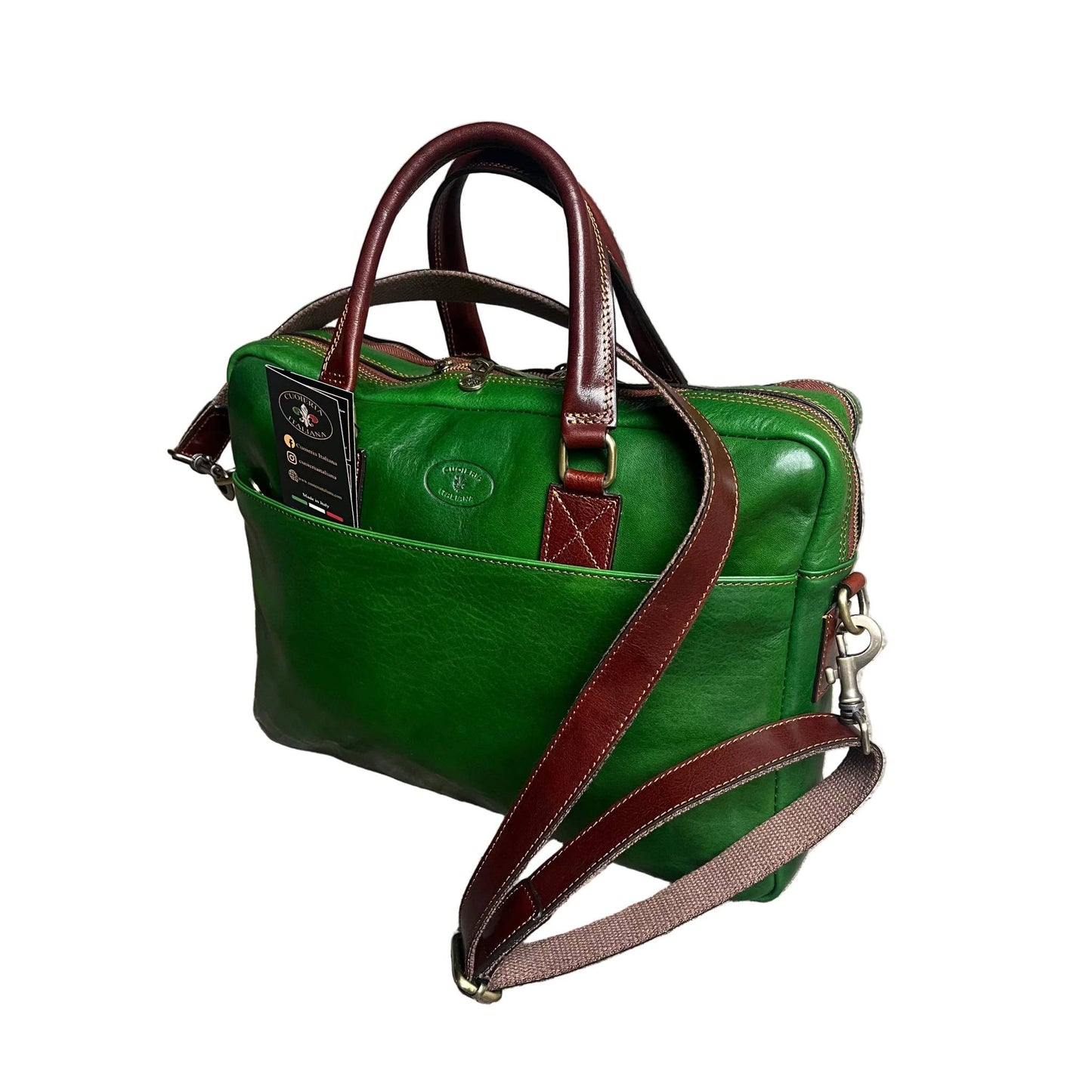 con tracolla fenix cartella in pelle verde e marrone borsa porta computer a doppio scomparto made in Italy cuoieria italiana