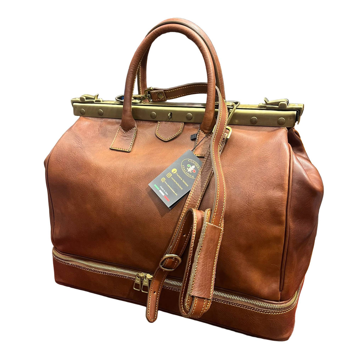 con tracolla in pelle cuoio atlante bagaglio classico in cuoio borsa da lavoro e viaggio con rinforzo in metallo fatta a mano in pelle marrone made in italy cuoieria italiana®