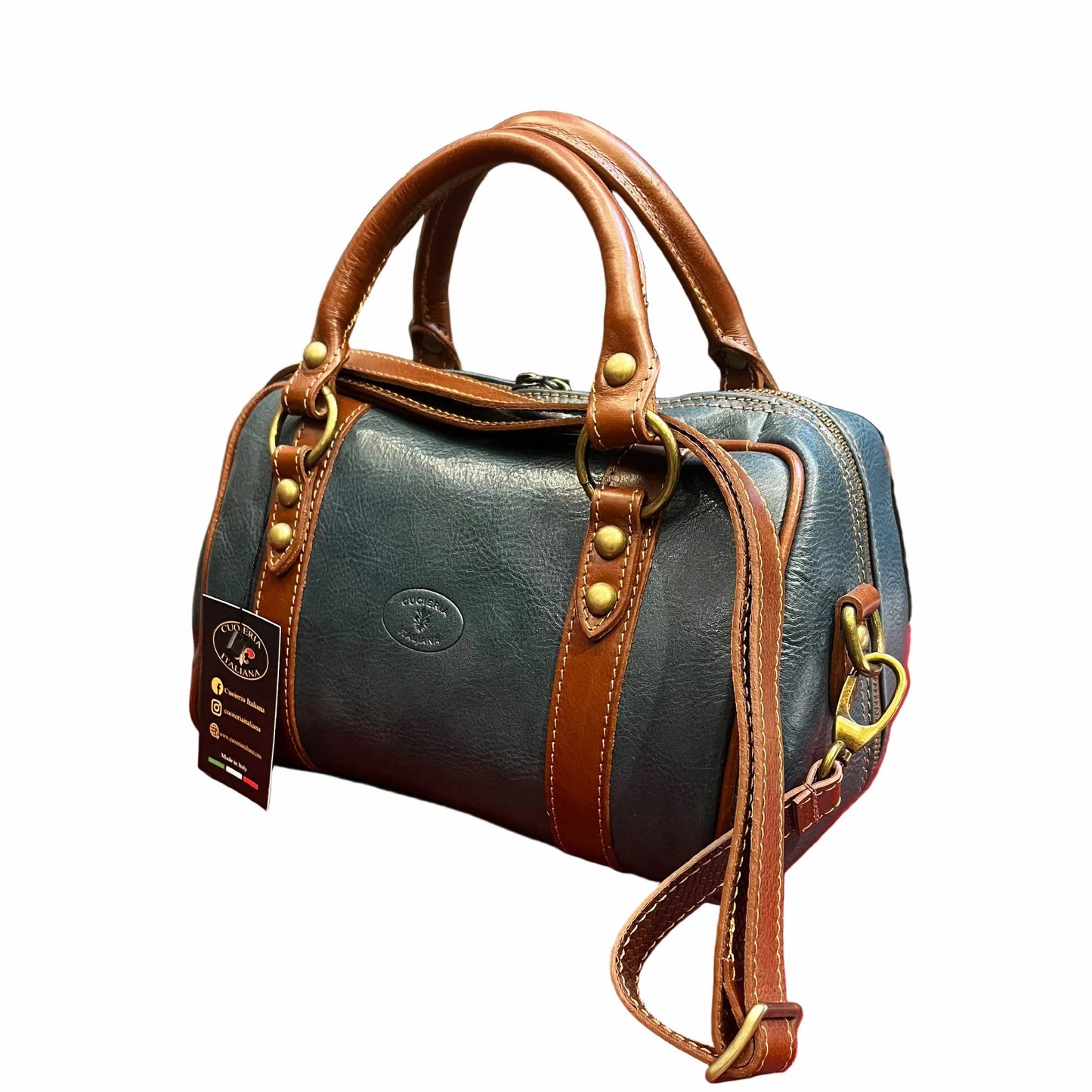 con tracolla nettuno borsa a bauletto in pelle avio e marrone da donna borsa fatta a mano in cuoio made in italy cuoieria italiana