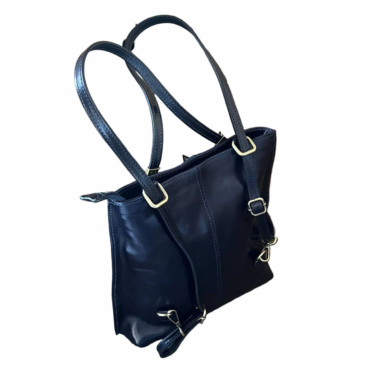 dietro a borsa borsa zaino squadrata in pelle blue navy cuoio made in italy cuoieria italiana