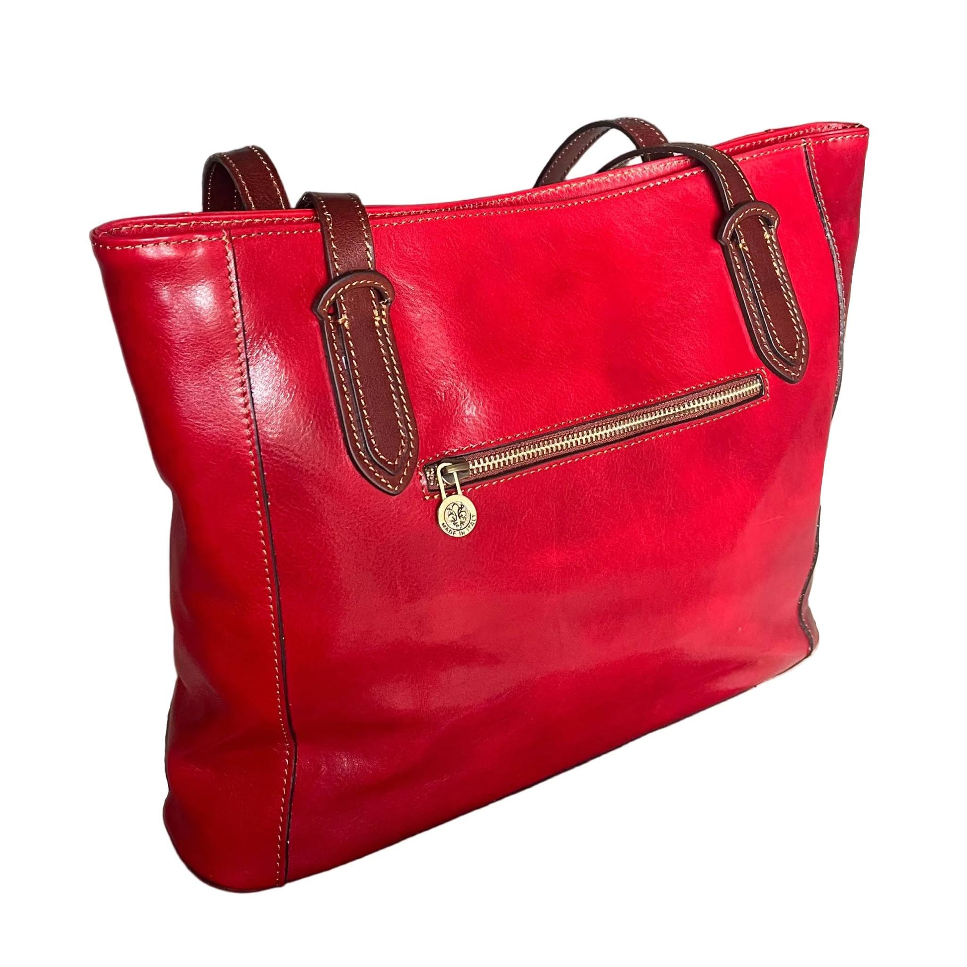 dietro artemis shopper in pelle rossa e marrone da donna porta computer borsa in cuoio made in italy cuoieria italiana