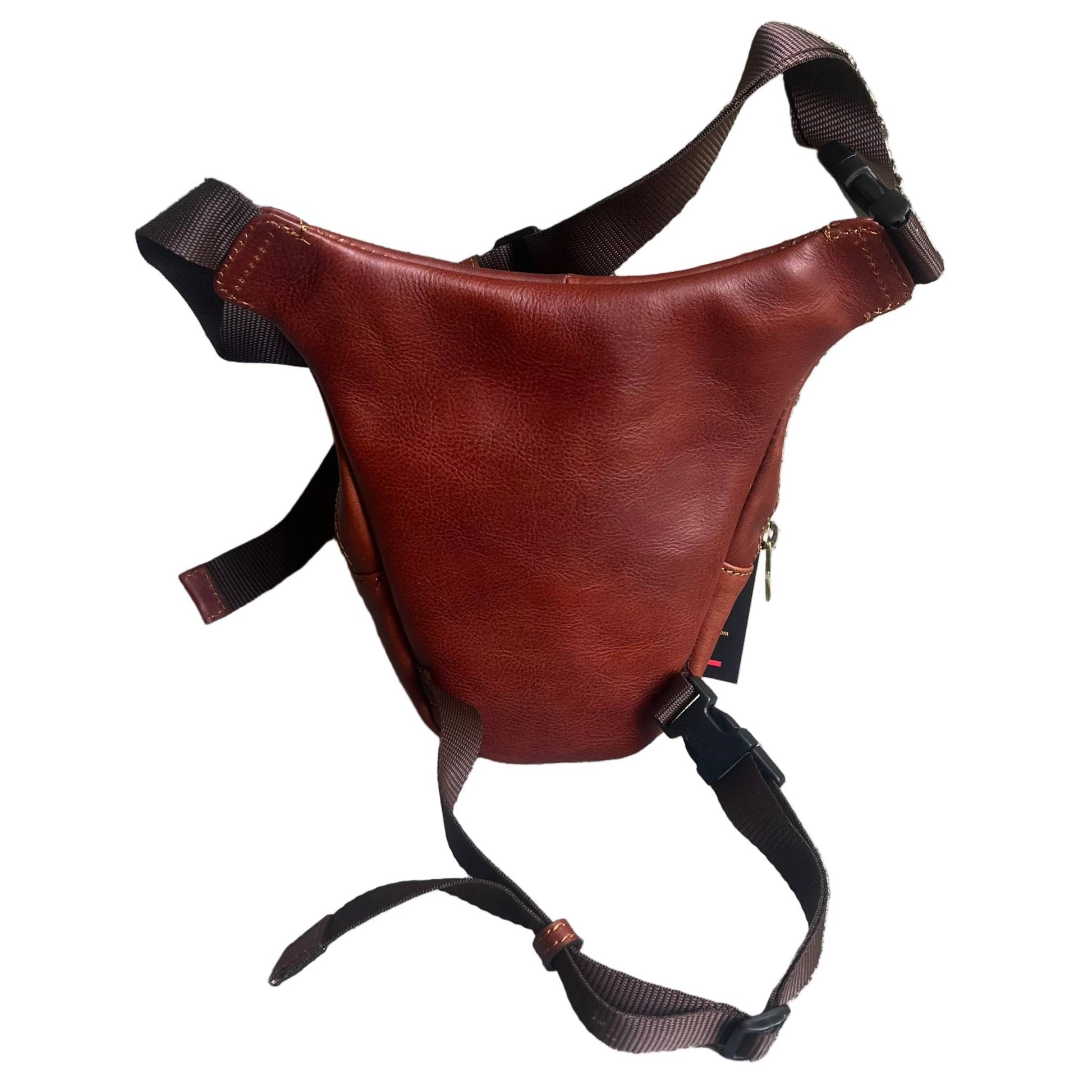 dietro biker borsa laterale per gamba da moto in pelle marrone opaco borsello marsupio custodia accessorio artigianale in cuoio made in italy cuoieria italiana