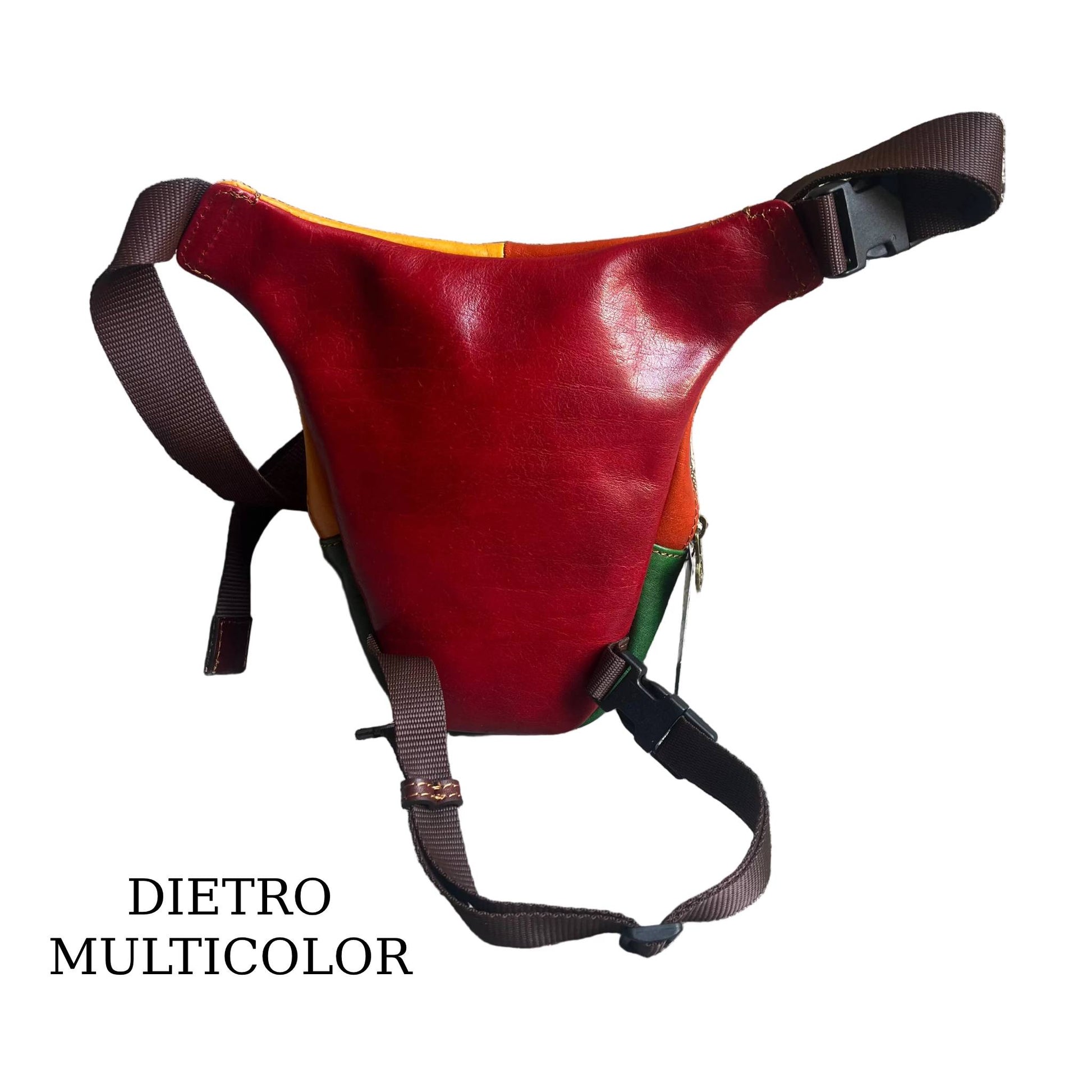 dietro biker borsa laterale per gamba da moto in pelle multicolor borsello marsupio custodia accessorio artigianale in cuoio made in italy cuoieria italiana