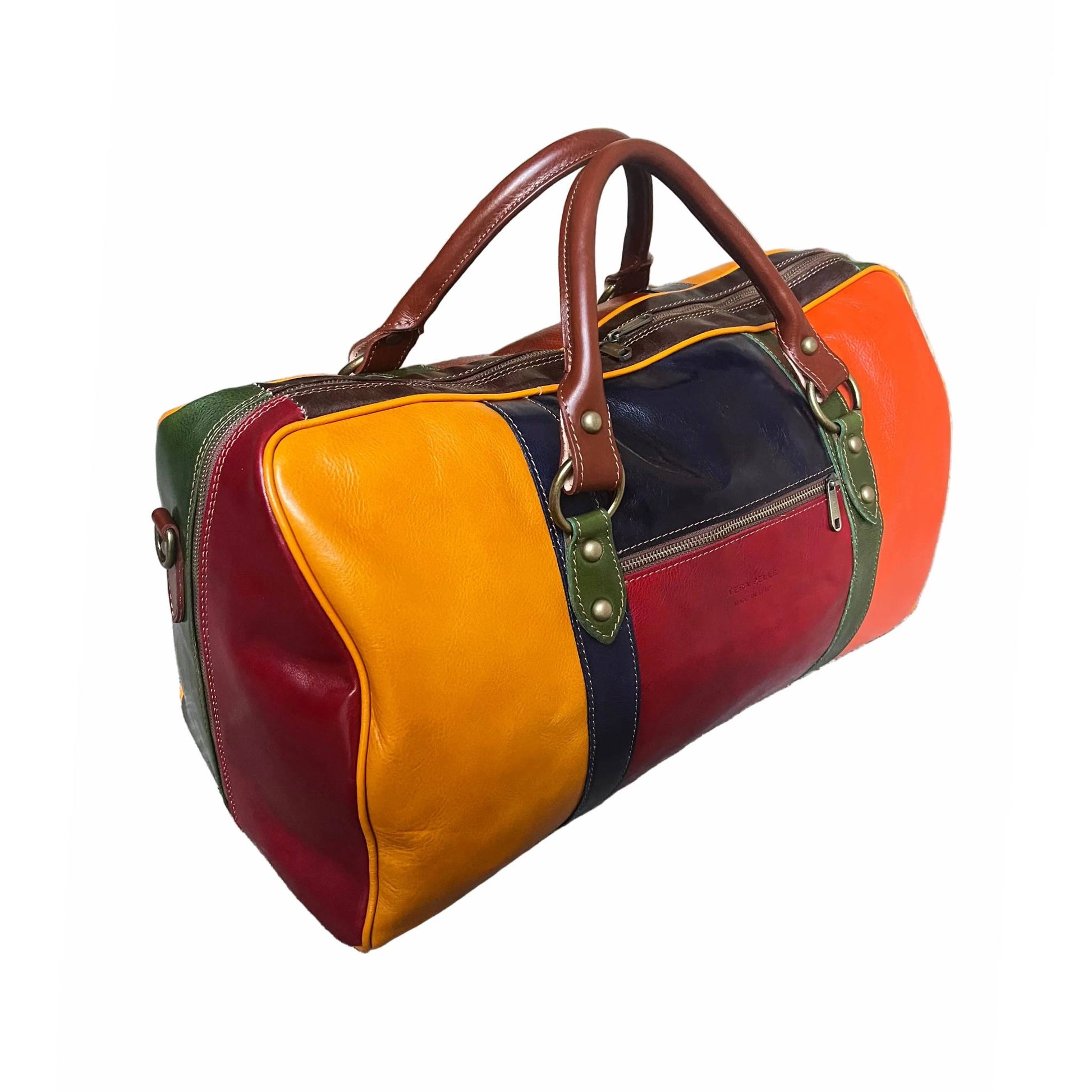 dietro borsone in pelle multicolor bagaglio a mano artigianale made in italy cuoieria italiana