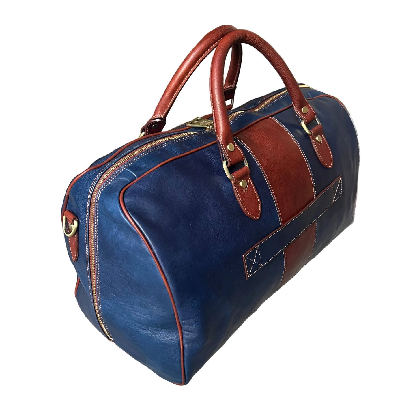 dietro e aggancio trolley valigia borsone in pelle blue navy opaco bagaglio a mano artigianale made in italy cuoieria italiana