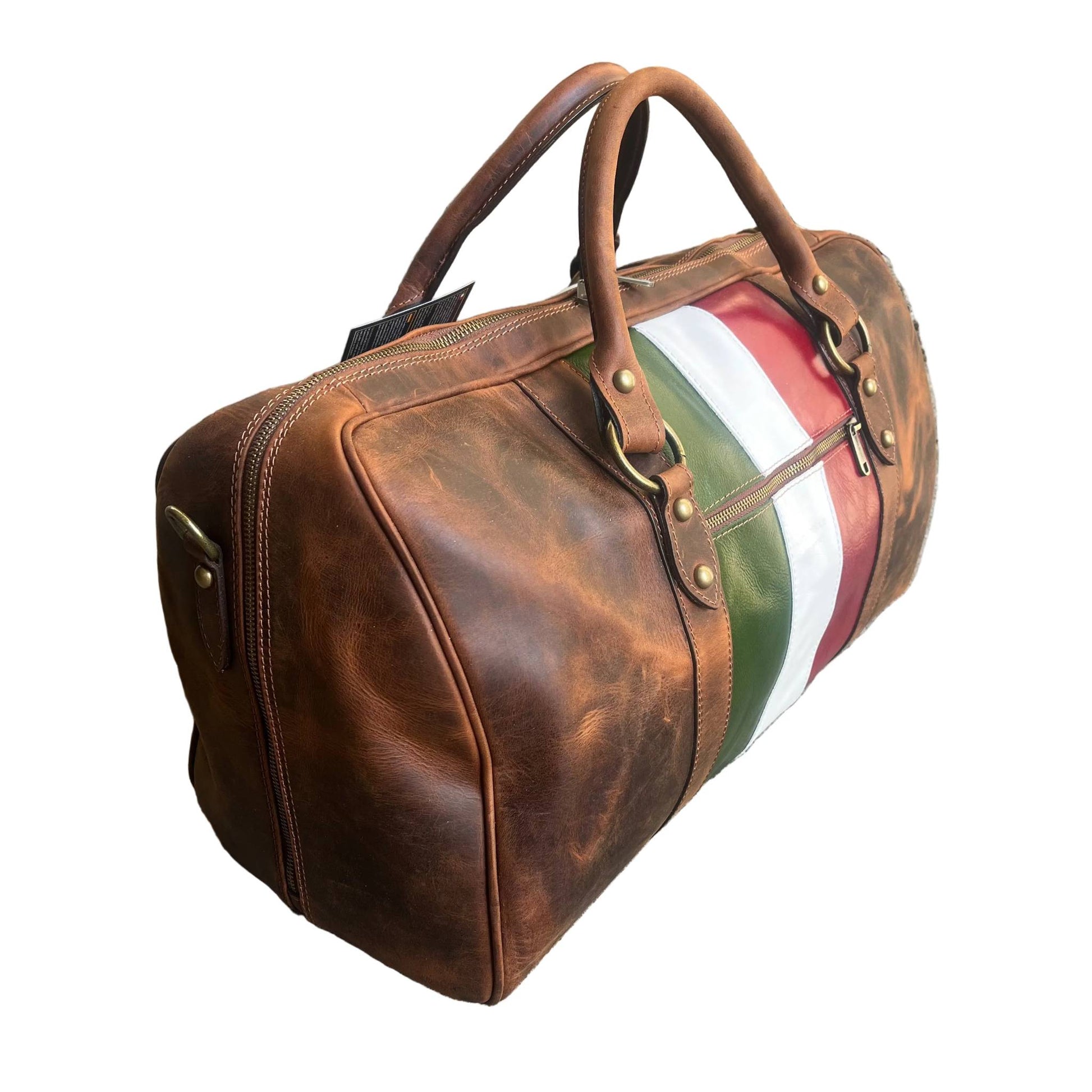 dietro e cerniera borsone in cuoio invecchiato vintage bagaglio a mano in pelle artigianale made in italy cuoieria italiana