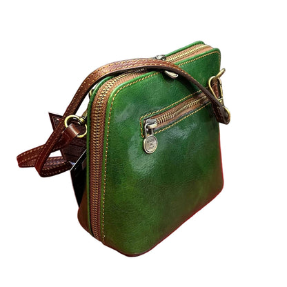 dietro e cerniera zip metallica posteriore ambrosia borsa a tracolla in pelle verde e marrone da donna fatta a mano in cuoio made in italy cuoieria italiana
