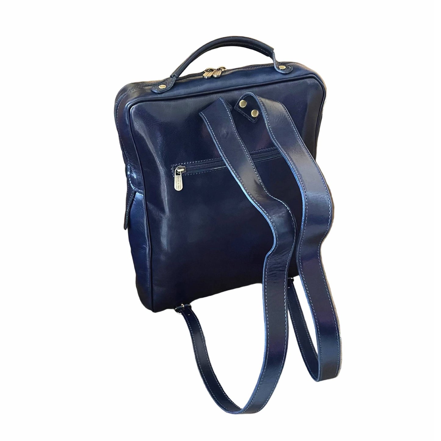dietro e spallacci in cuoio zaino grande compatto in pelle blu borsa in cuoio made in italy cuoieria italiana