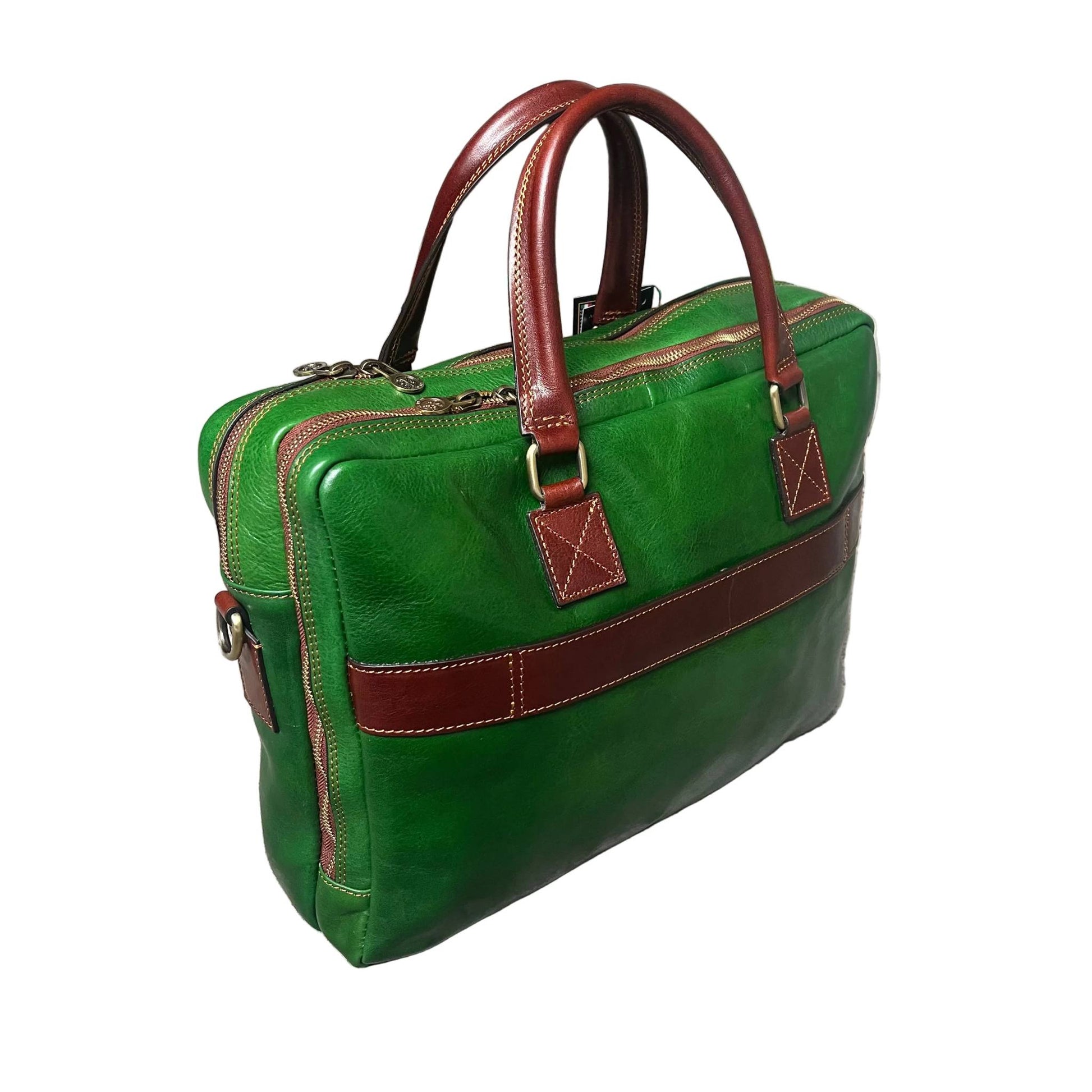 dietro fenix cartella in pelle verde e marrone borsa porta computer a doppio scomparto made in Italy cuoieria italiana