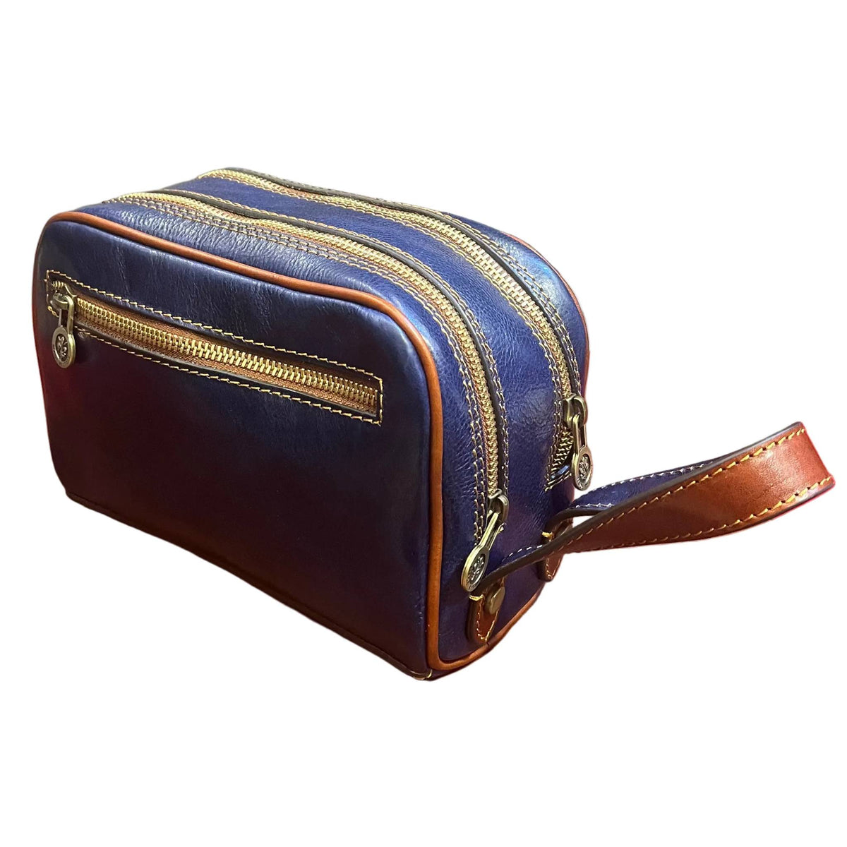 dietro folgore pochette in pelle blue navy e marrone unisex fatto a mano in cuoio made in italy cuoieria italiana®