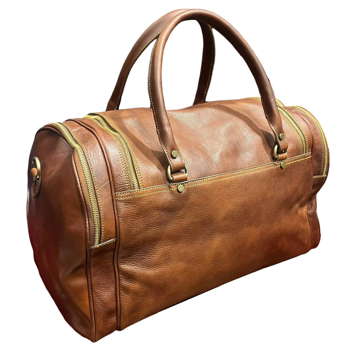 dietro gimnasio bagaglio a mano sportivo in cuoio borsa da viaggio borsone fatto a mano in pelle marrone classico made in italy cuoieria italiana®
