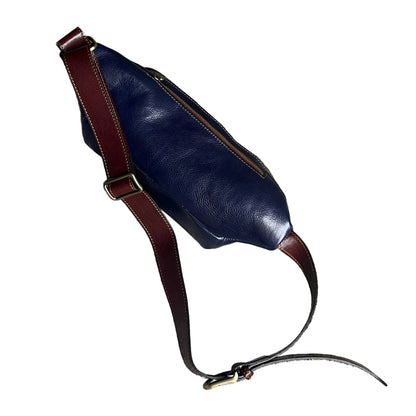 dietro jupiter marsupio in pelle blue navy e marrone accessorio artigianale unisex in cuoio made in italy cuoieria italiana