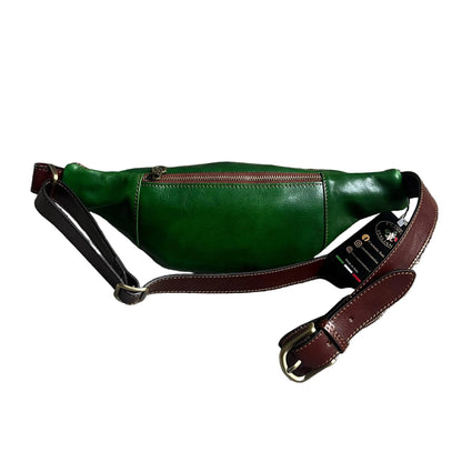 dietro mars marsupio in pelle verde e marrone accessorio artigianale unisex in cuoio made in italy cuoieria italiana