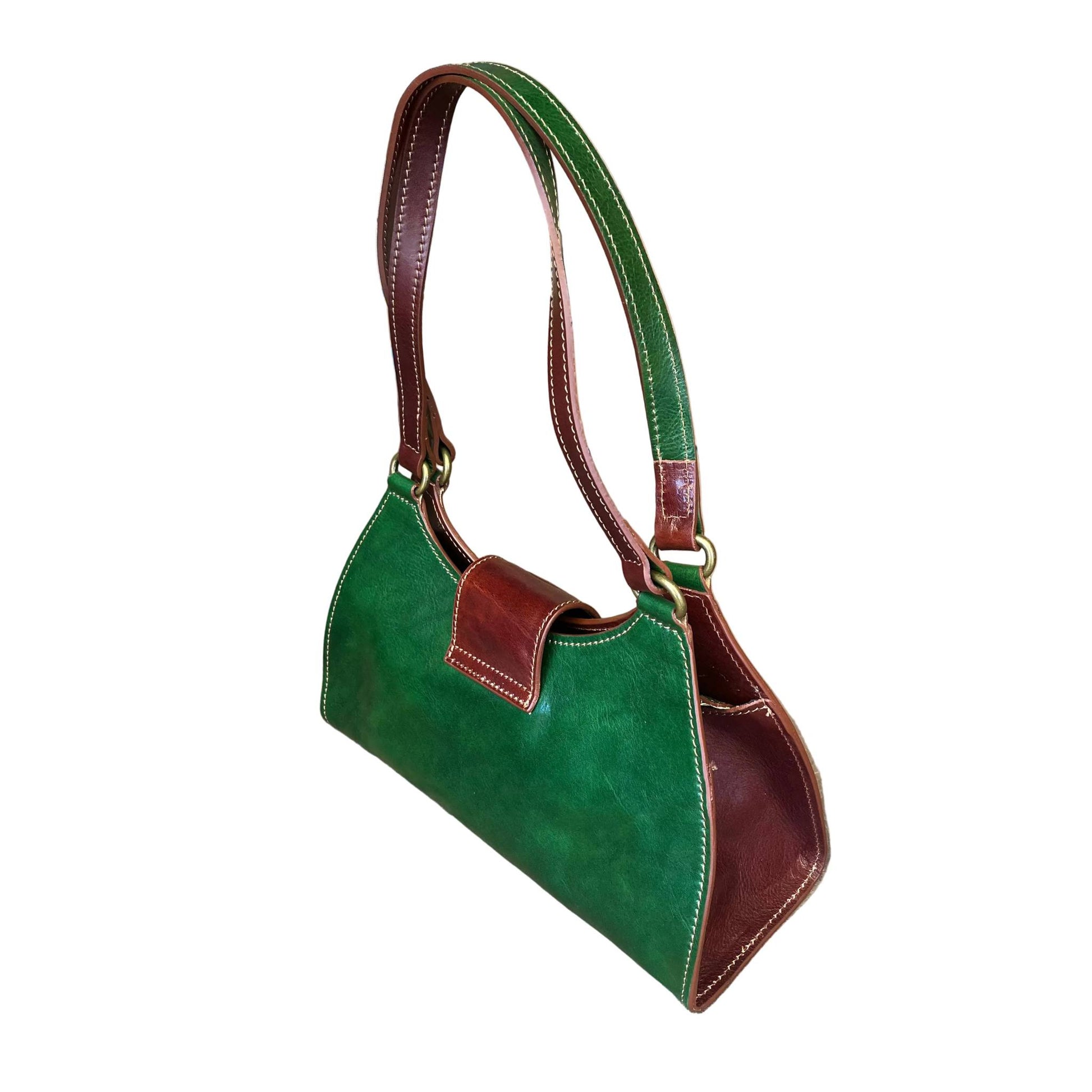 dietro mercury borsa verde e marrone a spalla in pelle da donna artigianale made in italy cuoieria italiana