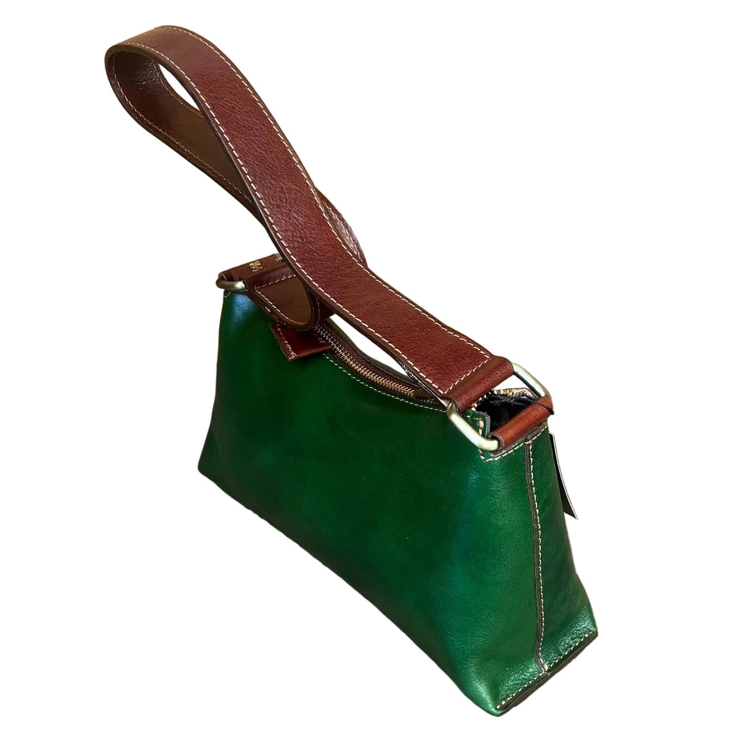 dietro minerva borsa da donna borsa a spalla in pelle verde e marrone fatta a mano in cuoio made in italy cuoieria italiana