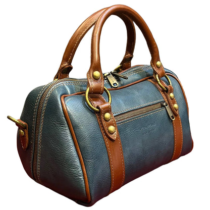 dietro nettuno borsa a bauletto in pelle avio e marrone da donna borsa fatta a mano in cuoio made in italy cuoieria italiana