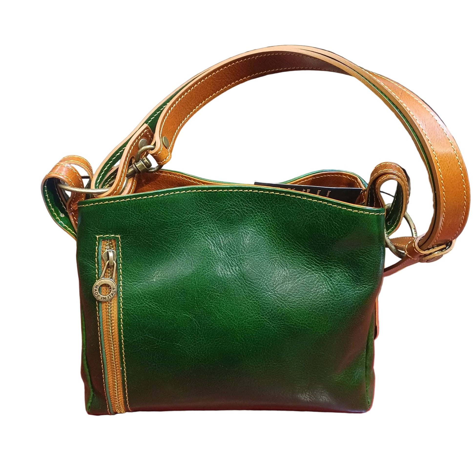 dietro shopper piccola in cuoio verde e cuoio da donna borsa in pelle made in italy cuoieria italiana