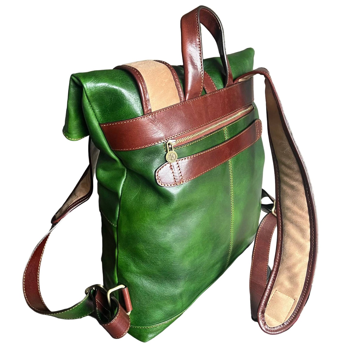 dietro travel zaino grande da avventuriero in cuoio verde e marrone borsa da viaggio in pelle made in italy cuoieria italiana
