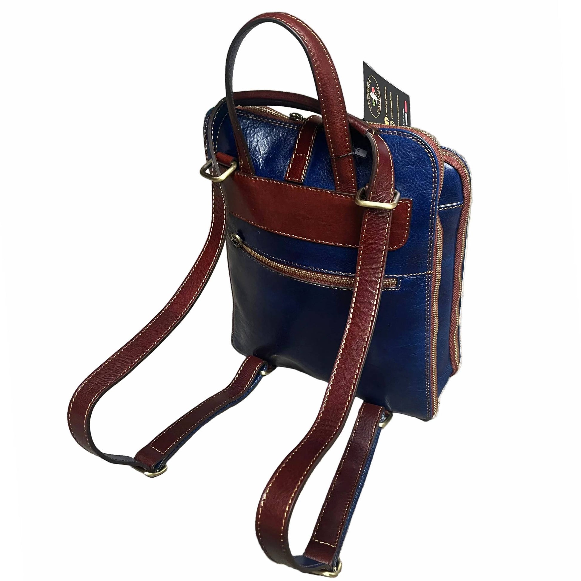 dietro zaino a triplo scomparto in pelle blue navy e marrone zaino uomo donna made in italy cuoieria italiana