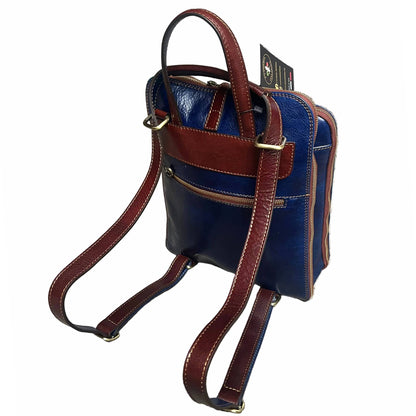 dietro zaino a triplo scomparto in pelle blue navy e marrone zaino uomo donna made in italy cuoieria italiana