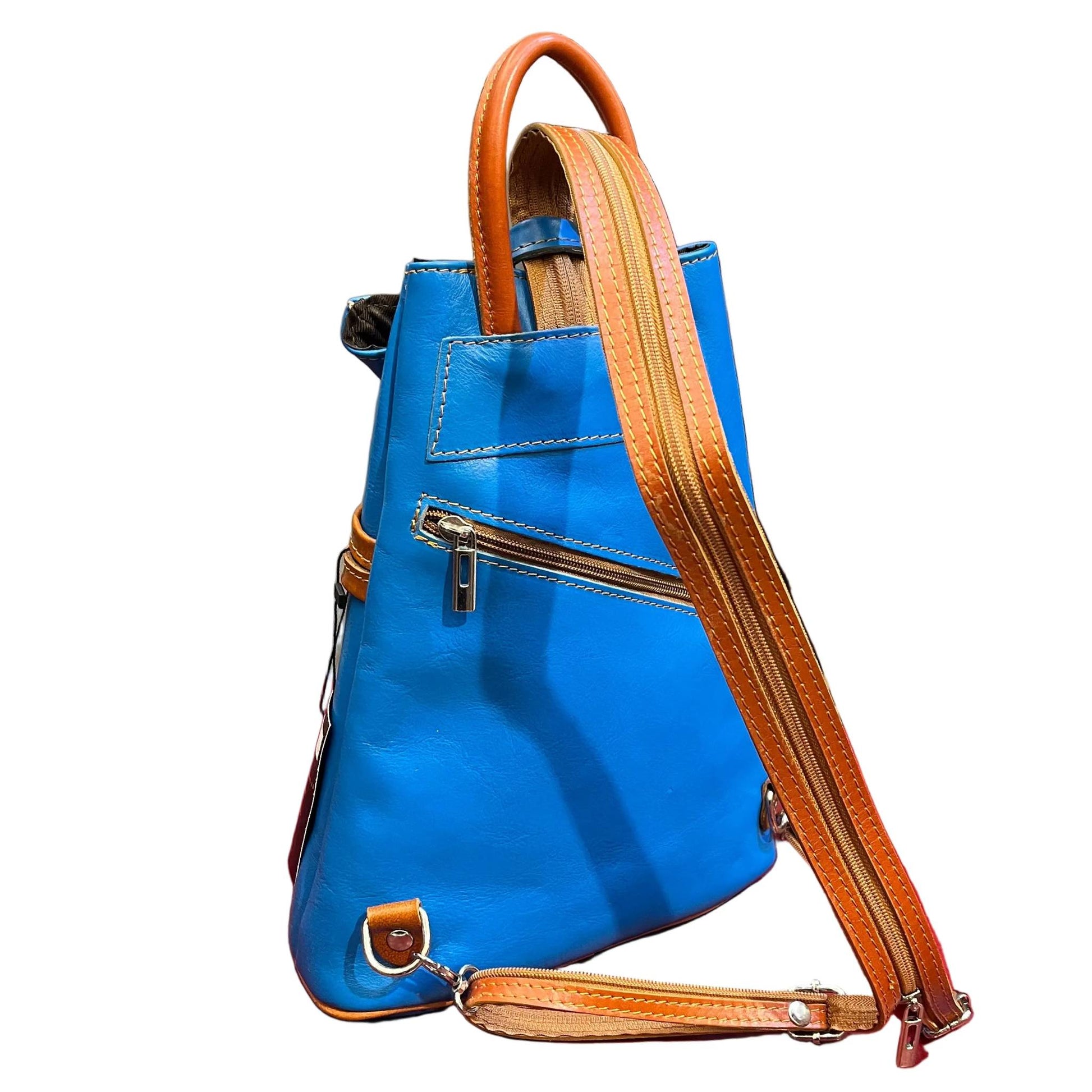 dietro zaino spallone da donna in vera pelle turchese e tinta cuoio naturale borsa fatta a mano in cuoio made in italy cuoieria italiana