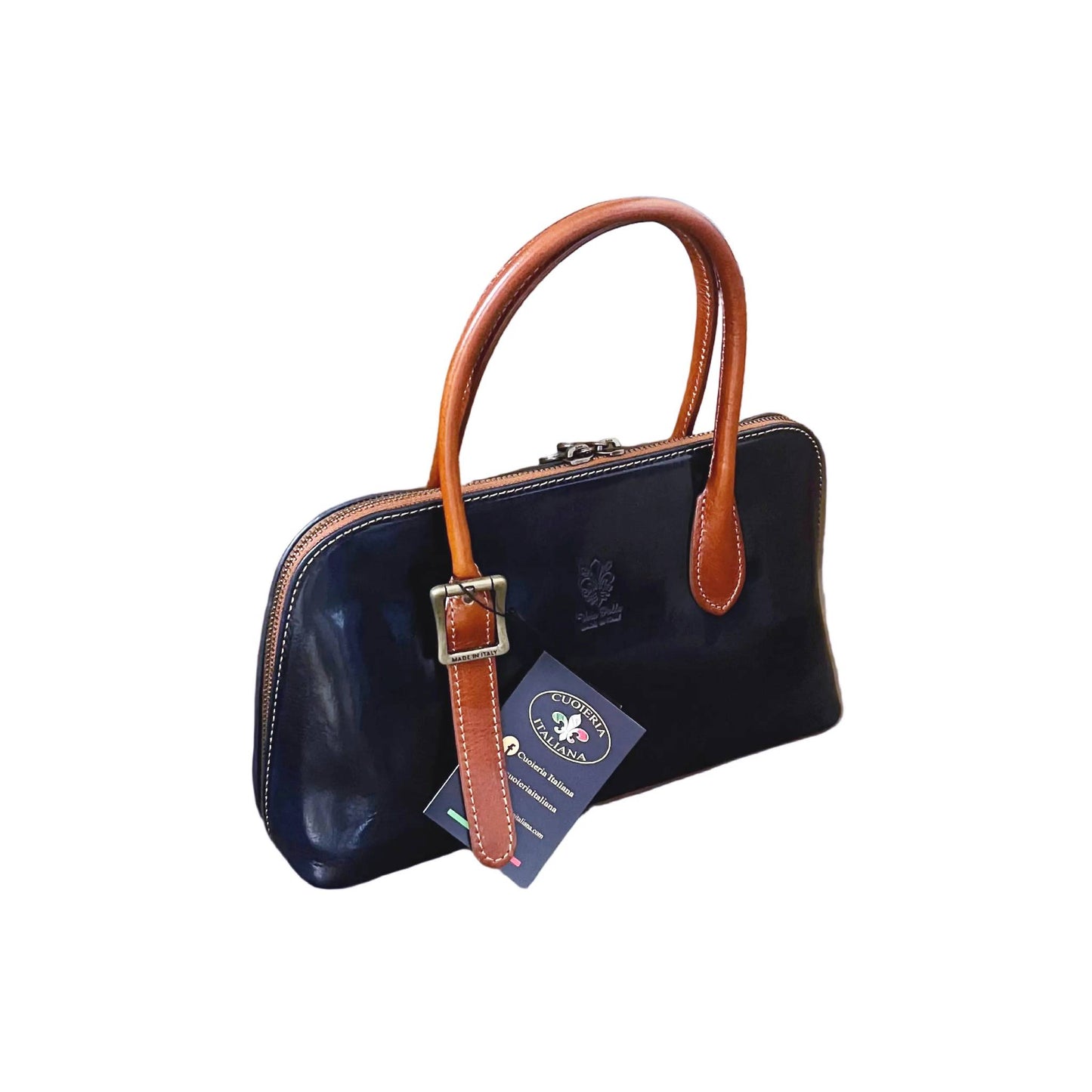 elios borsa elegante in pelle blu scuro e cuoio da donna artigianale made in italy cuoieria italiana