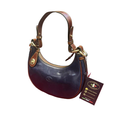eterna borsa piccola a tracolla in pelle blue navy e marrone da donna fatta a mano in cuoio made in italy cuoieria italiana