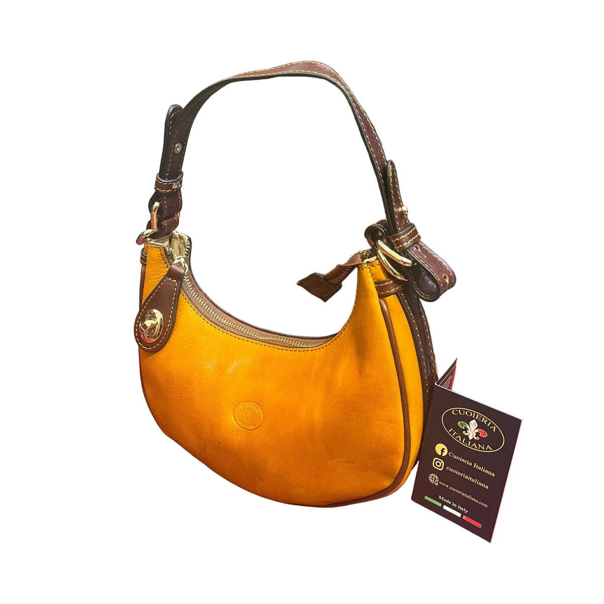 eterna borsa piccola a tracolla in pelle gialla e marrone da donna fatta a mano in cuoio made in italy cuoieria italiana