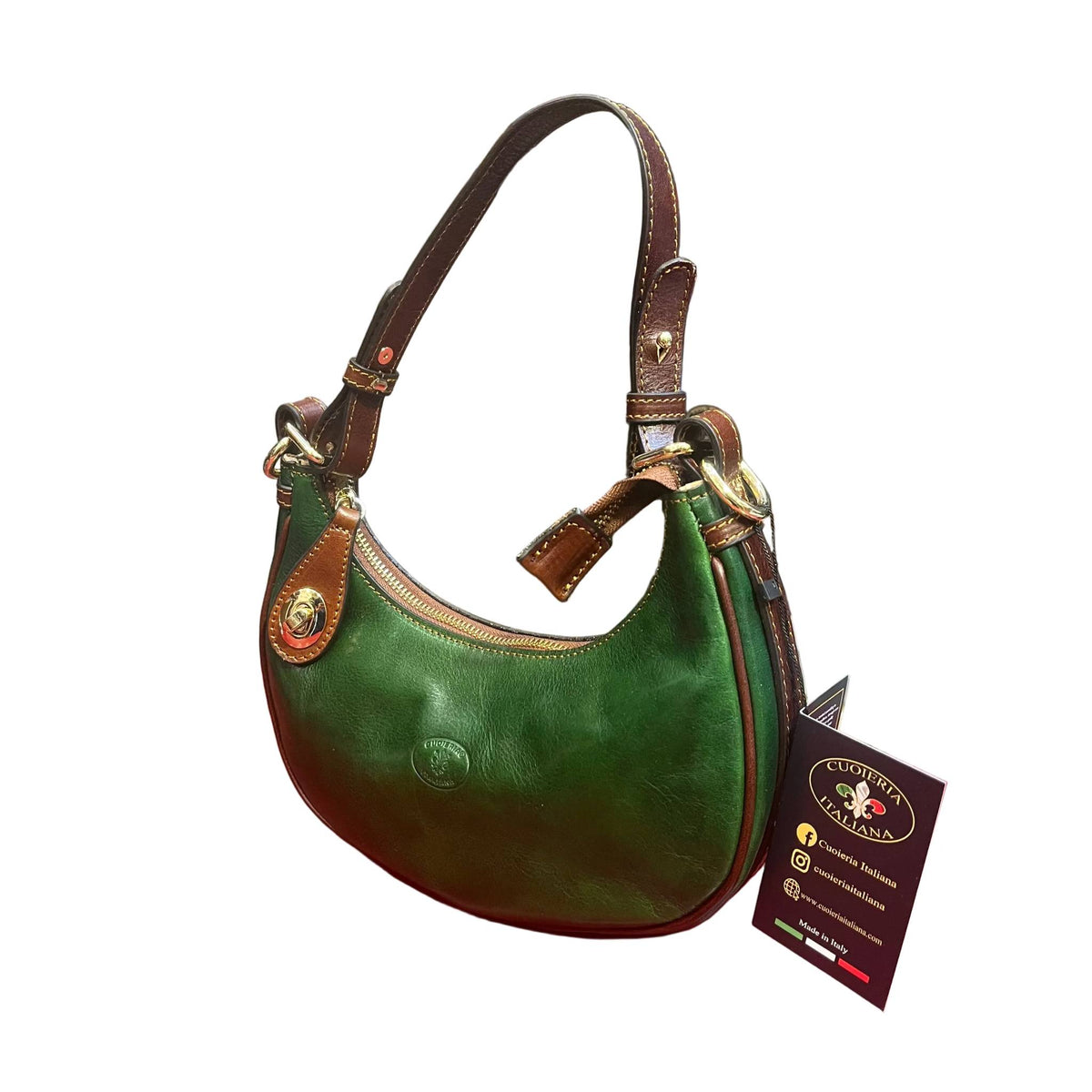 eterna borsa piccola a tracolla in pelle verde e marrone da donna fatta a mano in cuoio made in italy cuoieria italiana