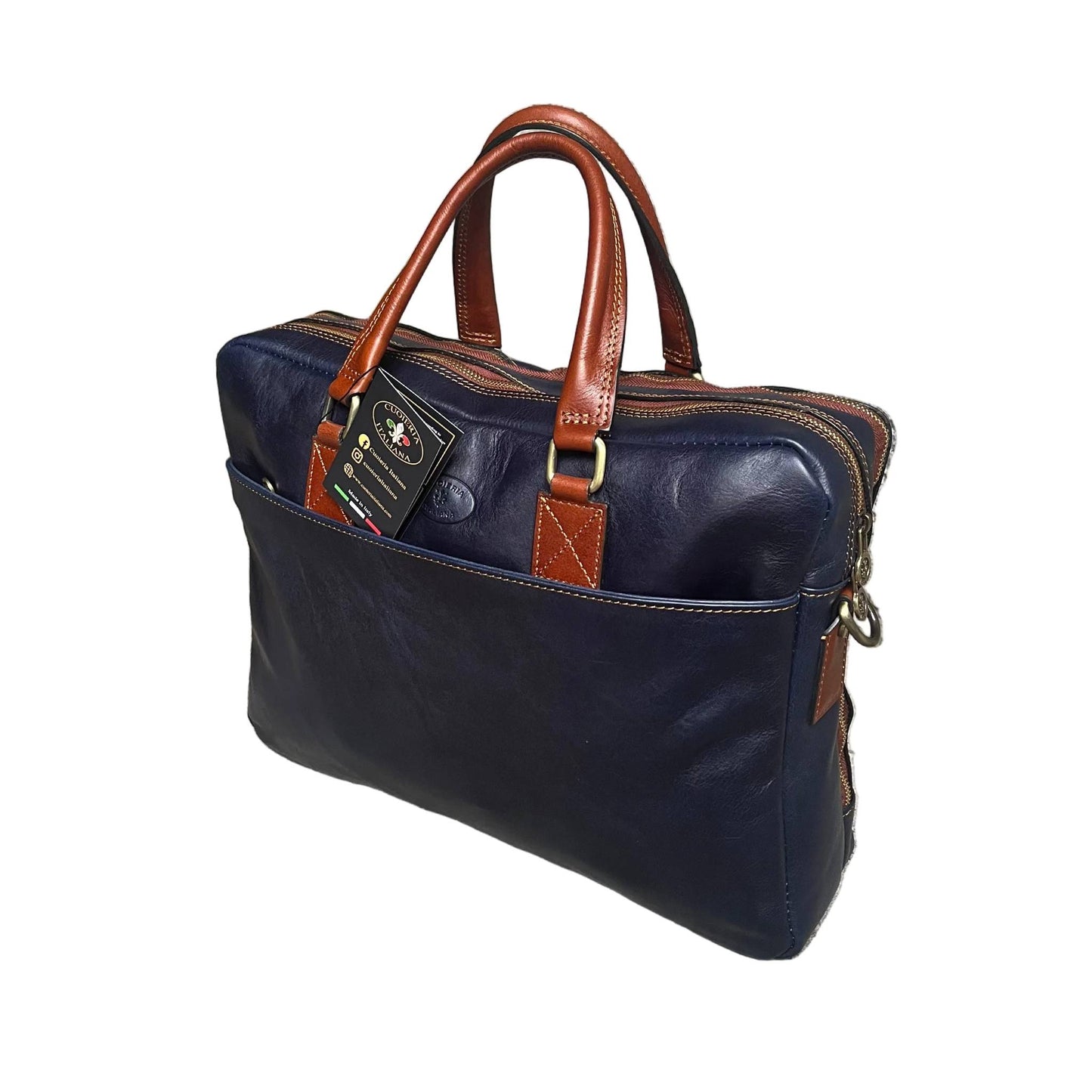 fenix cartella in pelle blu navy e cuoio borsa porta computer a doppio scomparto made in Italy cuoieria italiana