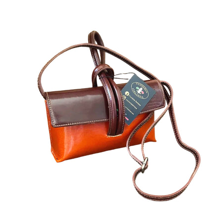 fiocco pochette borsetta a tracolla in pelle arancione e marrone con tracolla made in italy cuoieria italiana
