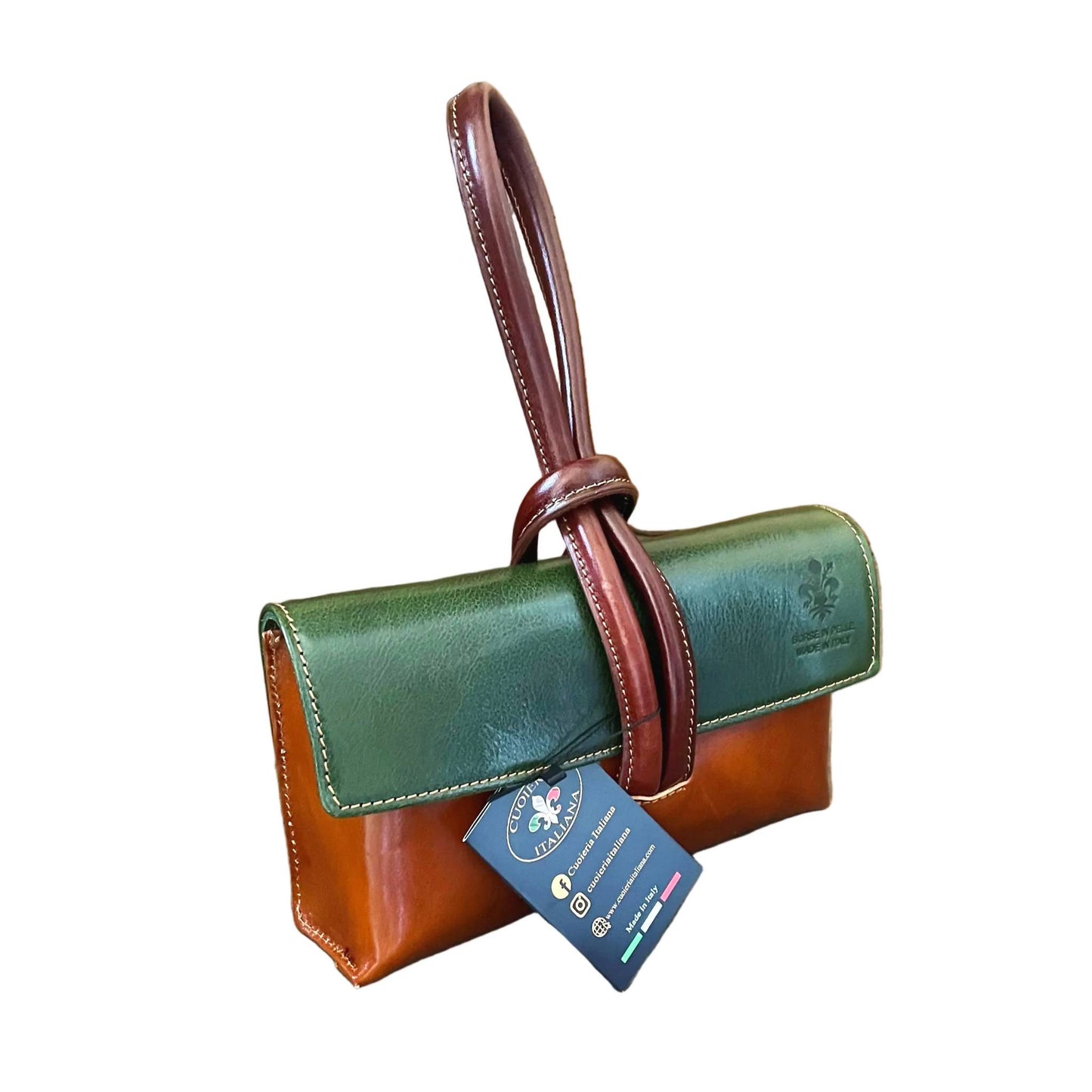 fiocco pochette borsetta a tracolla in pelle cuoio e verde made in italy cuoieria italiana