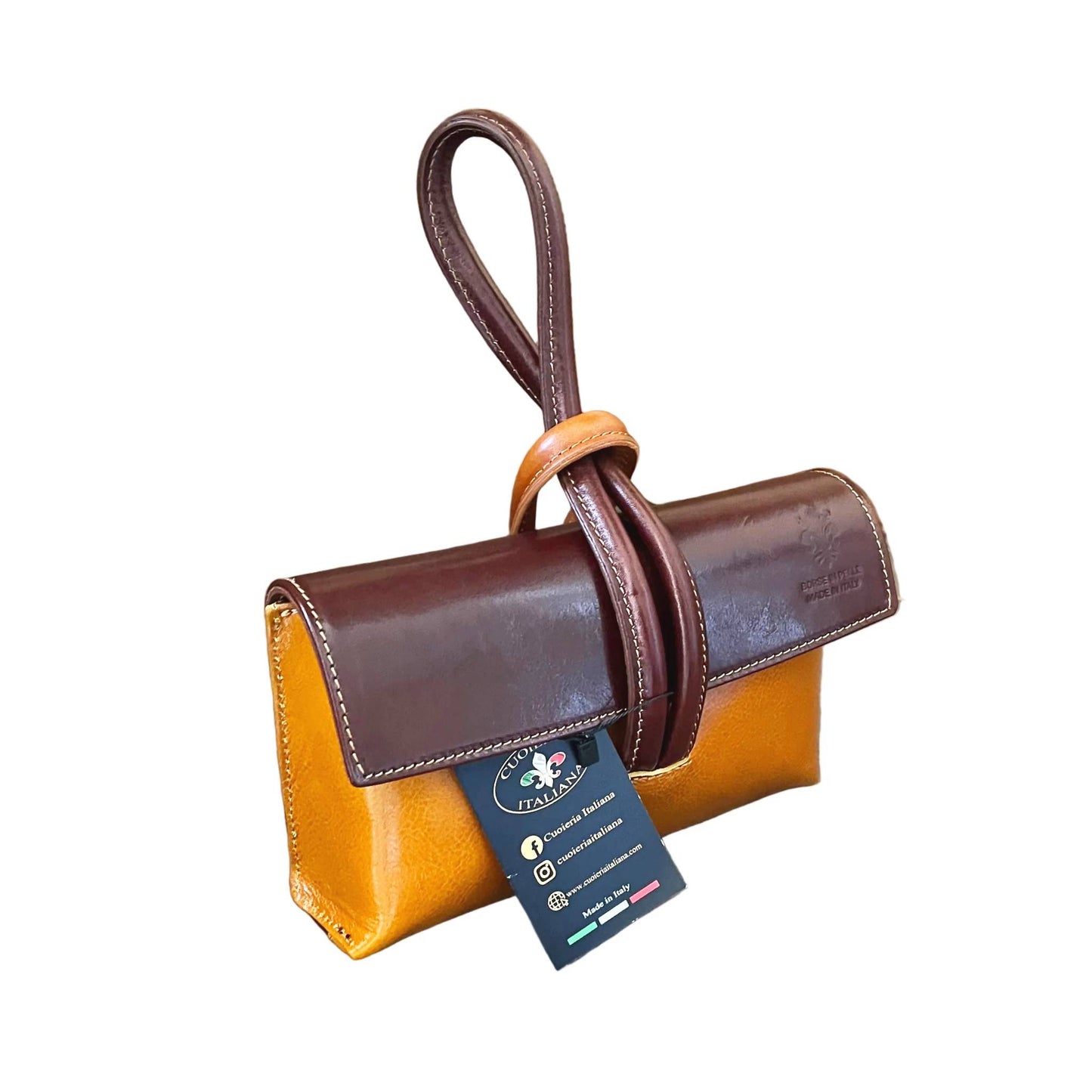 fiocco pochette borsetta a tracolla in pelle gialla e marrone made in italy cuoieria italiana