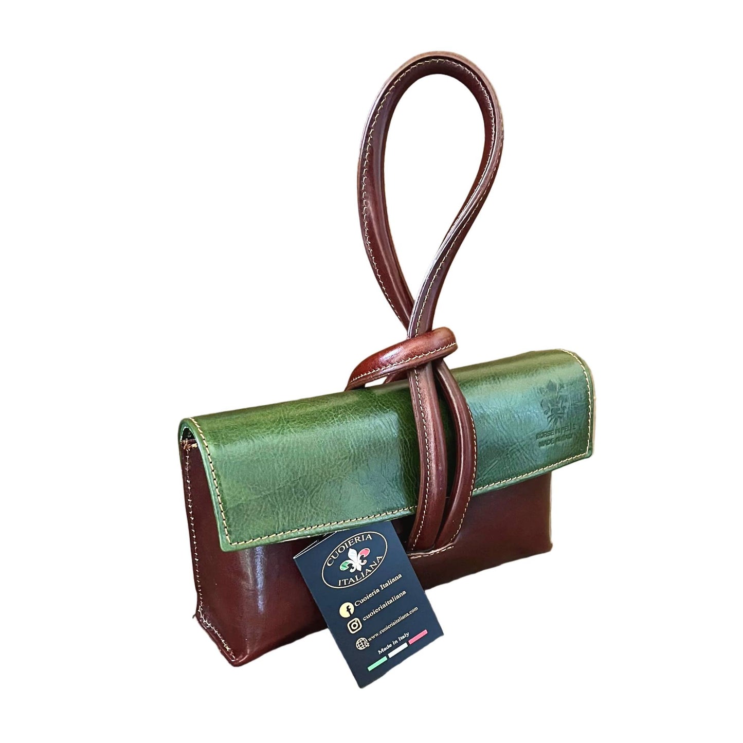 fiocco pochette borsetta a tracolla in pelle marrone e verde made in italy cuoieria italiana