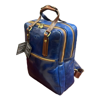 fobos zaino porta pc in pelle blue navy e marrone zaino valigetta fatto a mano in cuoio made in italy cuoieria italiana®