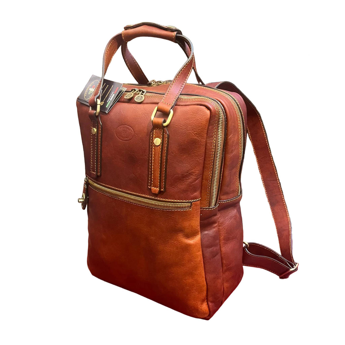 fobos zaino porta pc in pelle marrone mogano zaino valigetta fatto a mano in cuoio made in italy cuoieria italiana®