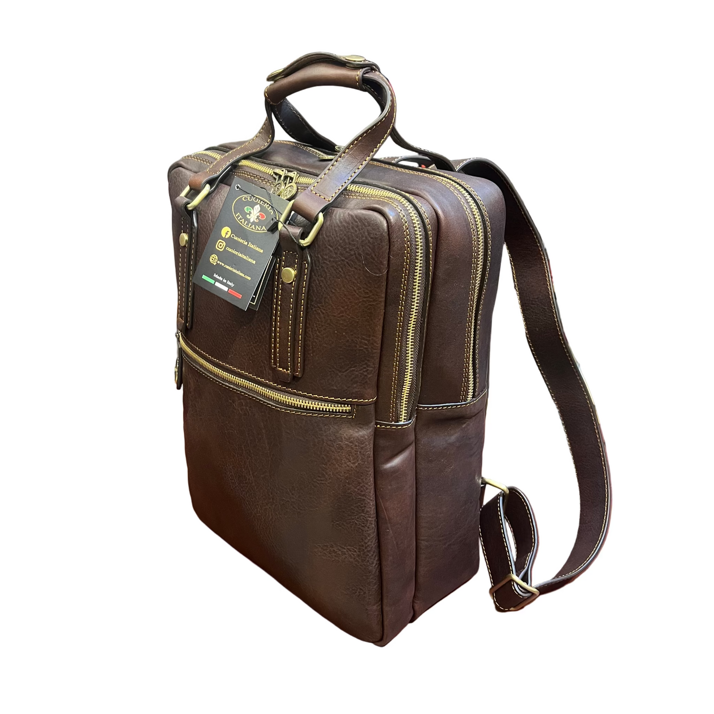 fobos zaino porta pc in pelle marrone scuro testa di moro zaino valigetta fatto a mano in cuoio made in italy cuoieria italiana®