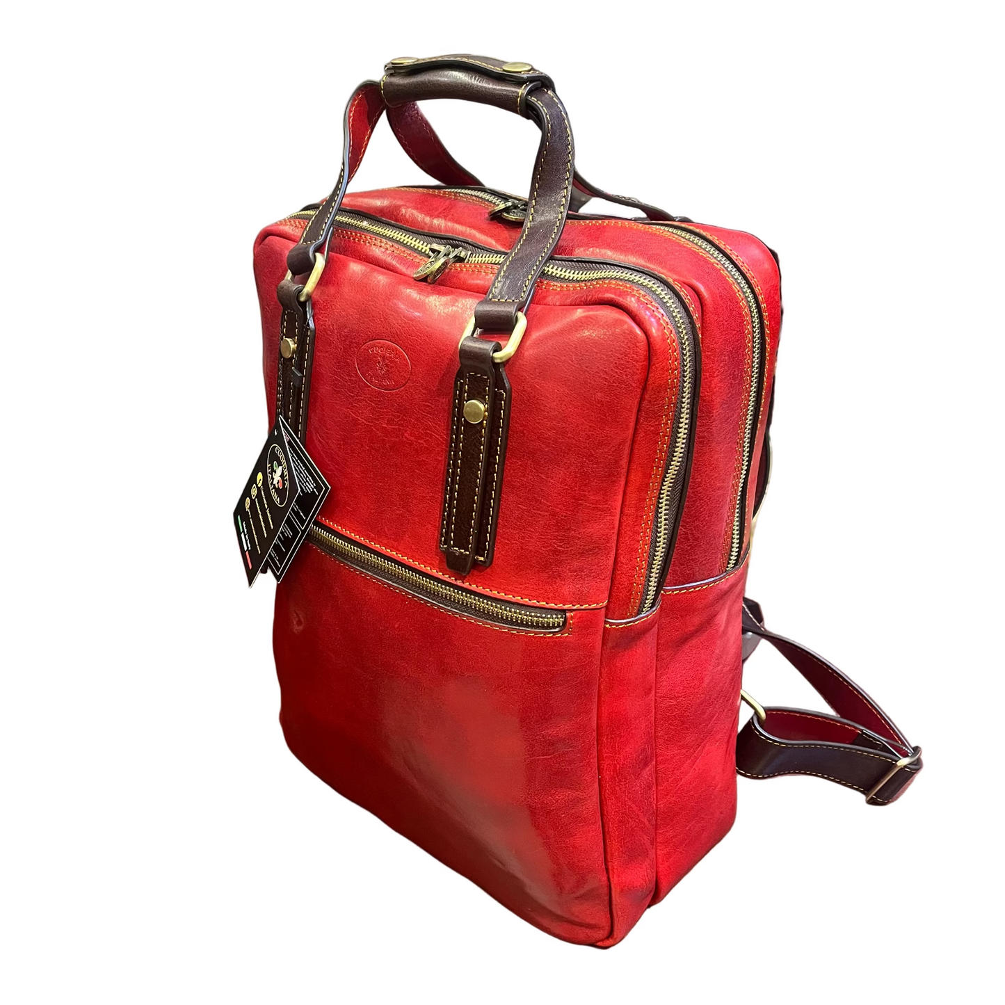 fobos zaino porta pc in pelle rosso e marrone zaino valigetta fatto a mano in cuoio made in italy cuoieria italiana®