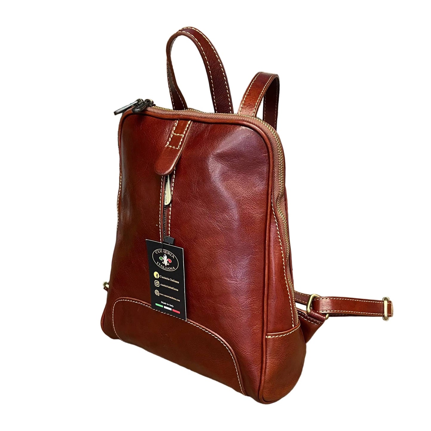 foglia zaino compatto in pelle marrone borsa in cuoio fatta a mano made in italy cuoieria italiana ®