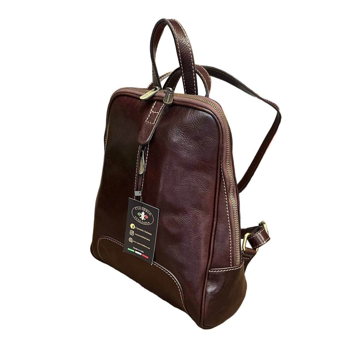 foglia zaino compatto in pelle marrone testa di moro borsa in cuoio fatta a mano made in italy cuoieria italiana ®