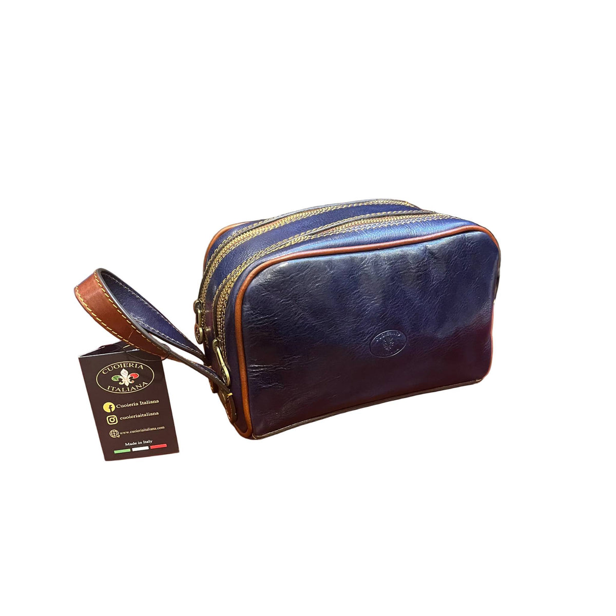 folgore pochette in pelle blue navy e marrone unisex fatto a mano in cuoio made in italy cuoieria italiana®