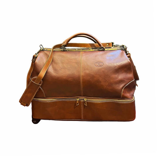 fronte trolley in cuoio con doppio fondo borsone da viaggio artigianale made in italy cuoieria italiana