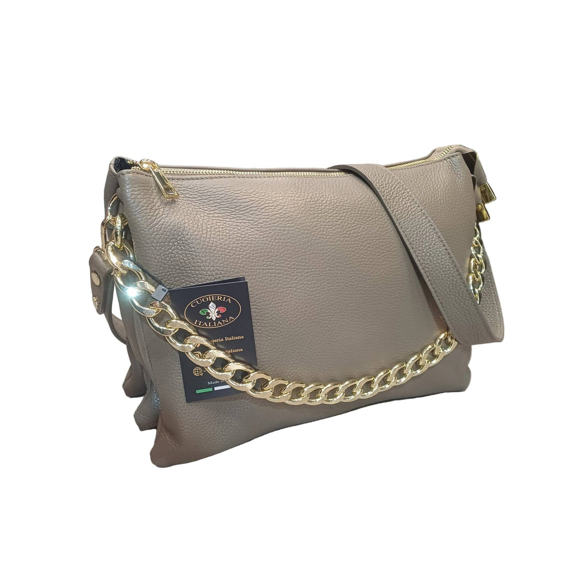 gemini grande borsa a tracolla in pelle taupe scuro da donna fatta a mano in cuoio made in italy cuoieria italiana