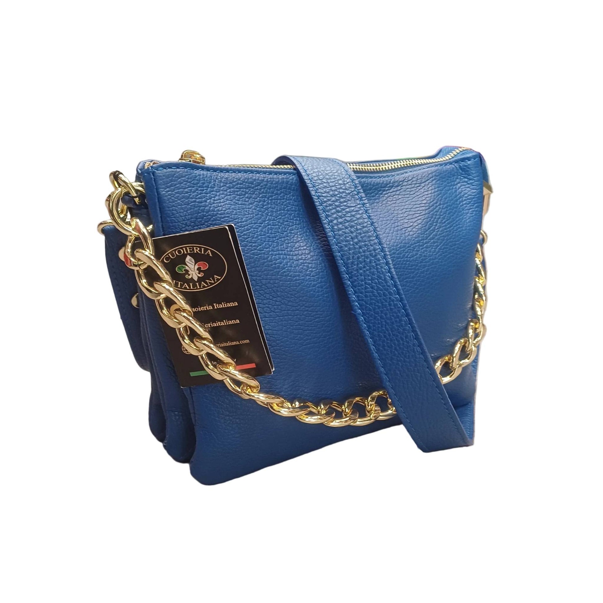 gemini piccola borsa a tracolla in pelle blu elettrico da donna artigianale made in italy cuoieria italiana