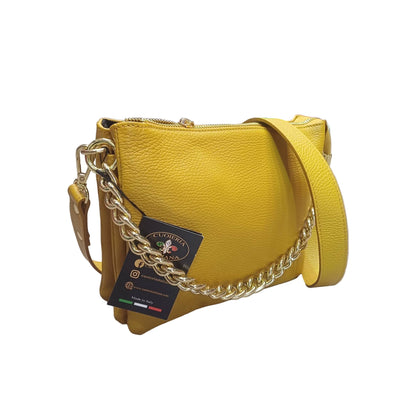 gemini piccola borsa a tracolla in pelle gialla senape da donna artigianale made in italy cuoieria italiana