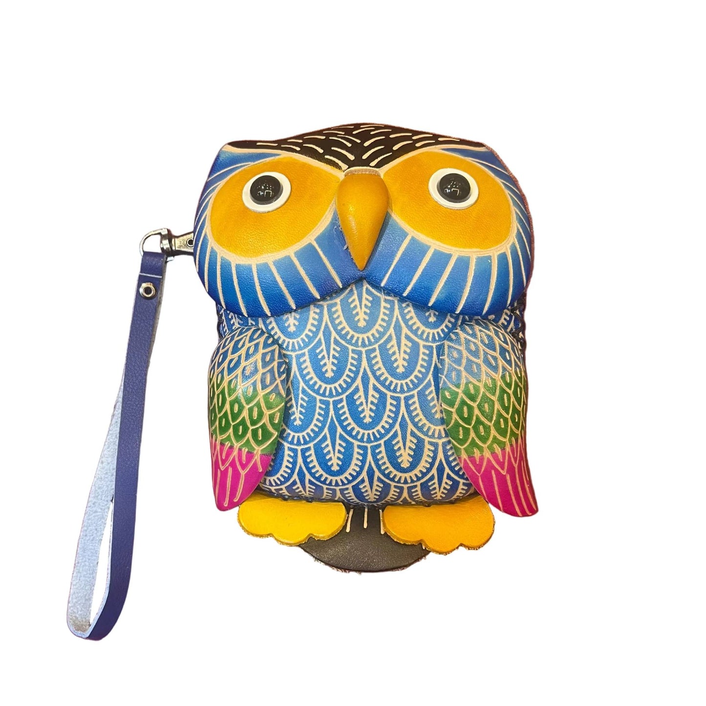gufo porta chiavi in pelle azzurro artigianale accessorio in cuoio made in italy cuoieria italiana